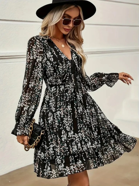 Kadın Uzun Kollu V Yakalı Fırfırlı Ve Bağcıklı şifon Mini Elbise