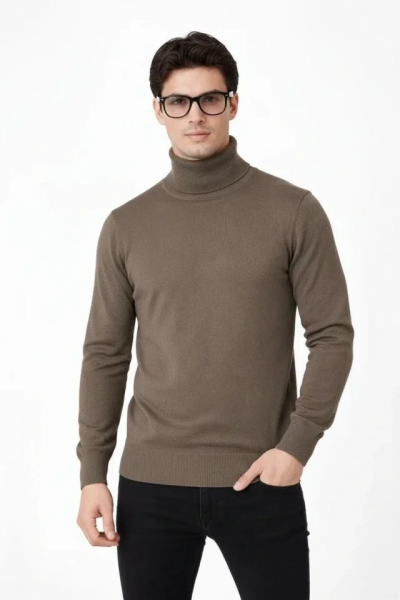 Tam Boğazlı Balıkcı Yaka Triko Kazak Yumuşak Dokulu Pamuklu Ince Dokuma, Uzun Kollu Rahat Regular Kalıp - Kahverengi