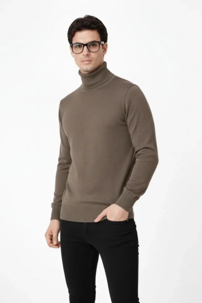 Tam Boğazlı Balıkcı Yaka Triko Kazak Yumuşak Dokulu Pamuklu Ince Dokuma, Uzun Kollu Rahat Regular Kalıp - Kahverengi