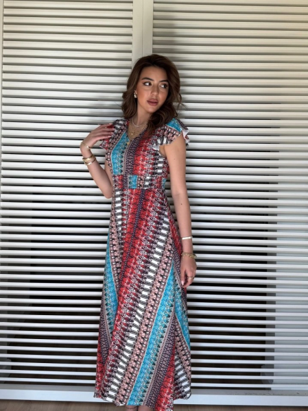 Kadın Kısa Kollu V Yakalı Desenli Yandan Yırtmaçlı Süprem Elbise