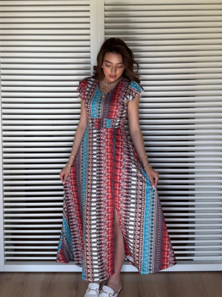 Kadın Kısa Kollu V Yakalı Desenli Yandan Yırtmaçlı Süprem Elbise