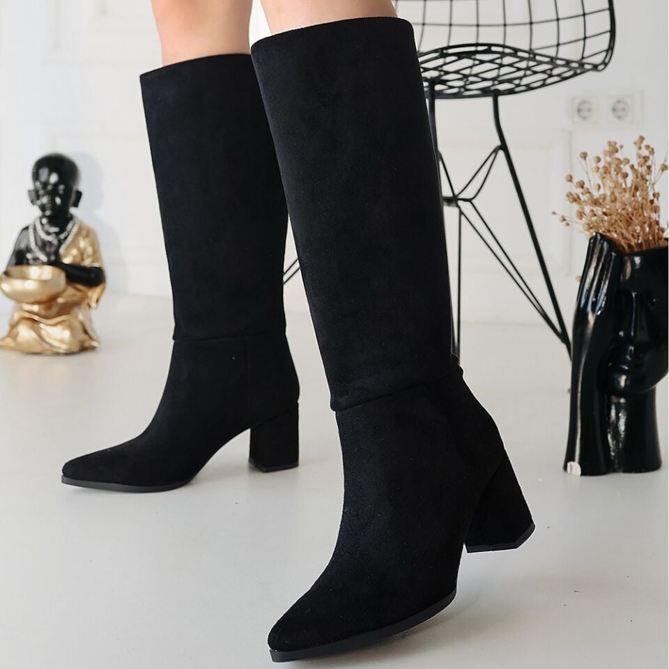 Roksa Siyah Süet Topuklu Çizme