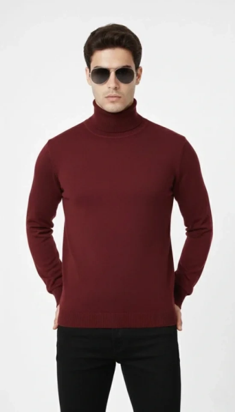 Tam Boğazlı Balıkcı Yaka Triko Kazak Yumuşak Dokulu Pamuklu Ince Dokuma, Uzun Kollu Rahat Regular Kalıp - Bordo