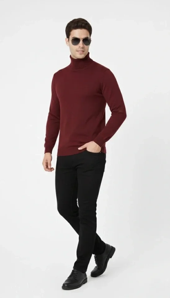 Tam Boğazlı Balıkcı Yaka Triko Kazak Yumuşak Dokulu Pamuklu Ince Dokuma, Uzun Kollu Rahat Regular Kalıp - Bordo