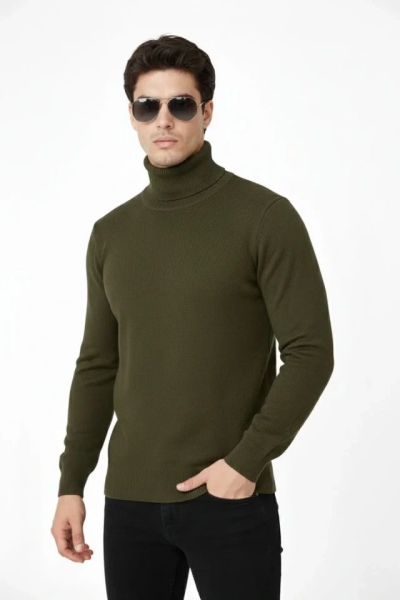 Tam Boğazlı Balıkcı Yaka Triko Kazak Yumuşak Dokulu Pamuklu Ince Dokuma, Uzun Kollu Rahat Regular Kalıp - Haki