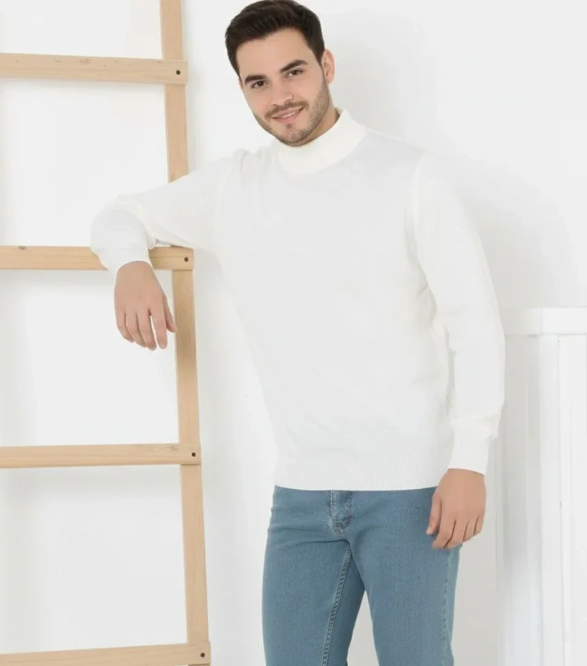 Erkek Yarım Boğaz Triko Kazak Yumuşak Dokulu Pamuklu Ince Dokuma, Uzun Kollu Rahat Regular Kalıp - Beyaz