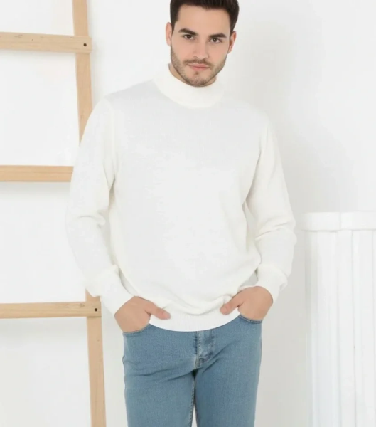 Erkek Yarım Boğaz Triko Kazak Yumuşak Dokulu Pamuklu Ince Dokuma, Uzun Kollu Rahat Regular Kalıp - Beyaz