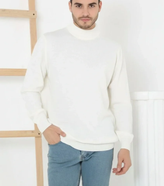 Erkek Yarım Boğaz Triko Kazak Yumuşak Dokulu Pamuklu Ince Dokuma, Uzun Kollu Rahat Regular Kalıp - Beyaz