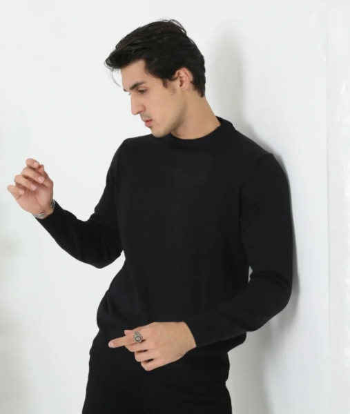 Erkek Bisiklet Yaka Triko Kazak Yumuşak Dokulu Pamuklu Ince Dokuma, Uzun Kollu Rahat Regular Kalıp - Siyah