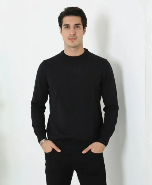 Erkek Bisiklet Yaka Triko Kazak Yumuşak Dokulu Pamuklu Ince Dokuma, Uzun Kollu Rahat Regular Kalıp - Siyah