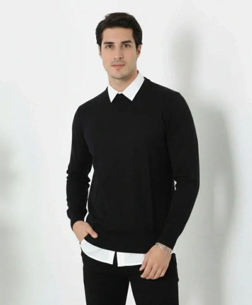 Erkek Bisiklet Yaka Triko Kazak Yumuşak Dokulu Pamuklu Ince Dokuma, Uzun Kollu Rahat Regular Kalıp - Siyah