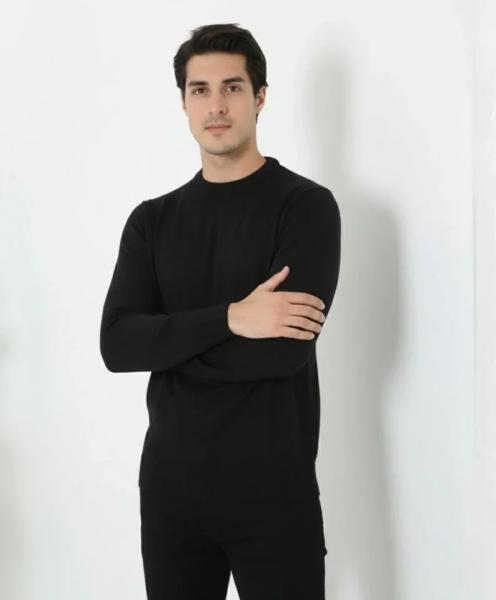 Erkek Bisiklet Yaka Triko Kazak Yumuşak Dokulu Pamuklu Ince Dokuma, Uzun Kollu Rahat Regular Kalıp - Siyah