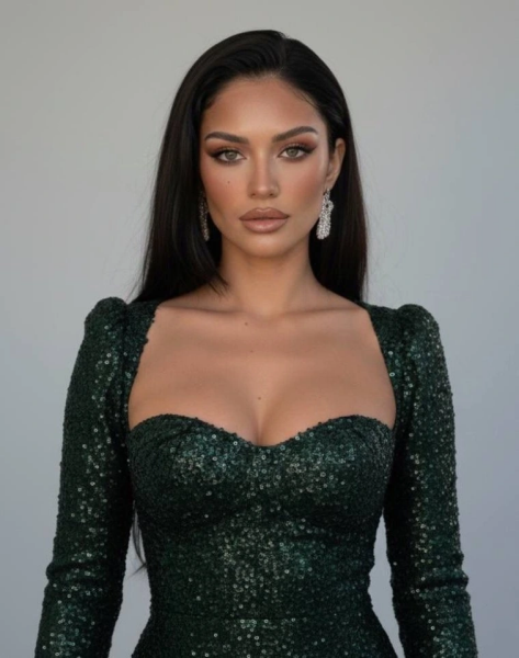 Kadın Uzun Kollu Armut Yaka Pul Payet Işlemeli Mini Gece Elbisesi