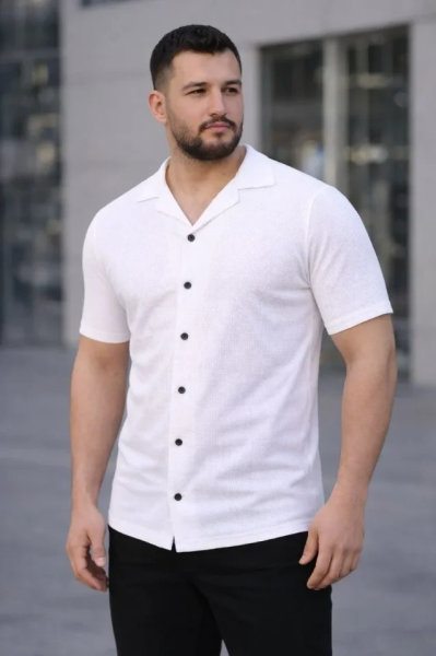 Erkek Waffle Dokuma Açık Yakalı Düğmeli Regular Kalıp 3’lü Gömlek Seti - Siyah, Beyaz, Gri