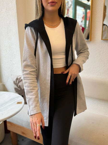 Kadın Uzun Kollu Kapşonlu çift Renkli şardonlu Iki Iplik Ceket