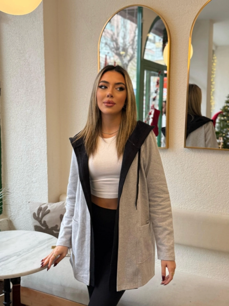 Kadın Uzun Kollu Kapşonlu çift Renkli şardonlu Iki Iplik Ceket