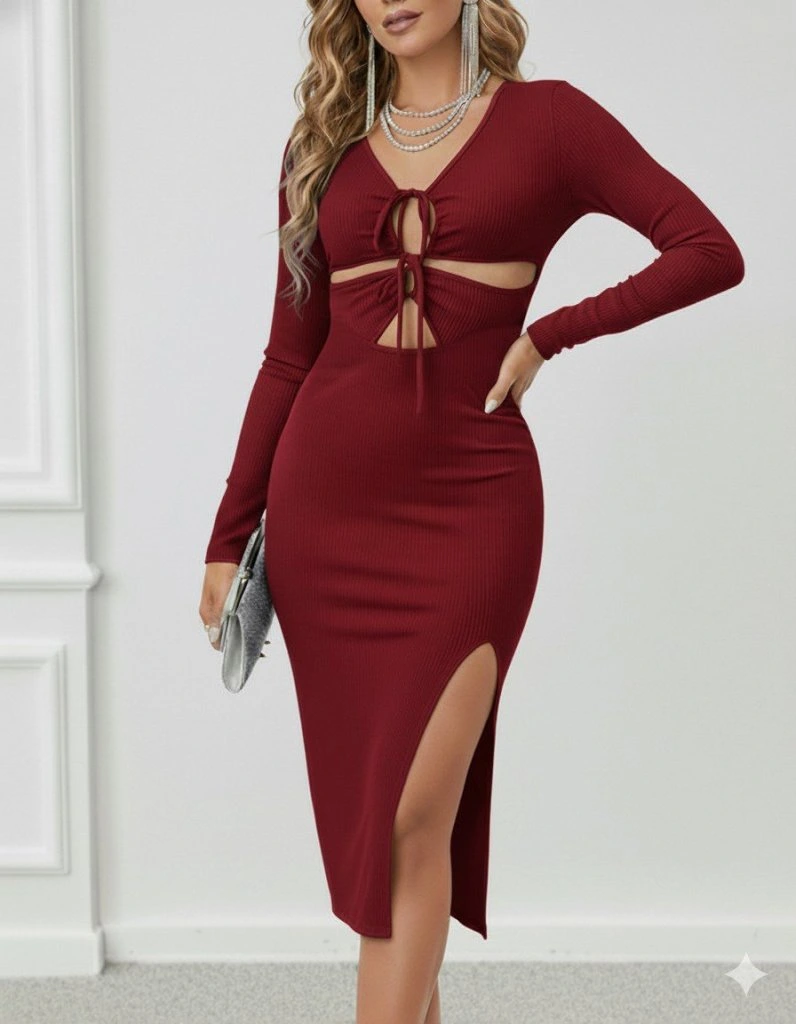 Kadın Uzun Kollu Göğüs Ve Göbek Dekolte Detay Sandy Midi Boy Elbise