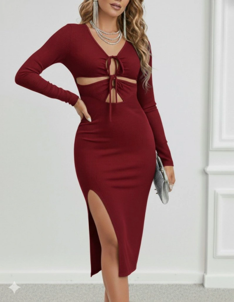 Kadın Uzun Kollu Göğüs Ve Göbek Dekolte Detay Sandy Midi Boy Elbise