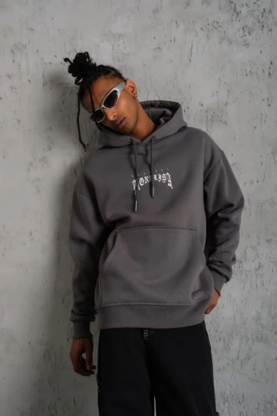 Erkek Baskılı Kapüşonlu Ve Kanguru Cepli Sweat- Gri