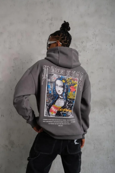 Erkek Baskılı Kapüşonlu Ve Kanguru Cepli Sweat- Gri