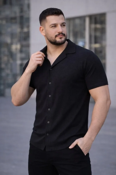 Erkek Waffle Dokuma Açık Yakalı Düğmeli Regular Kalıp 3’lü Gömlek Seti - Siyah, Haki, Lacivert