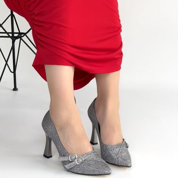 Wenda Gümüş Simli Cilt Topuklu Ayakkabı