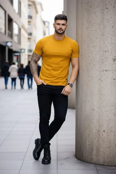 Erkek T-Shirt Bisiklet Yaka Slim Fit Dar Kesim Likralı Tişört Günlük Basic Body - Limon