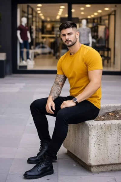 Erkek T-Shirt Bisiklet Yaka Slim Fit Dar Kesim Likralı Tişört Günlük Basic Body - Limon