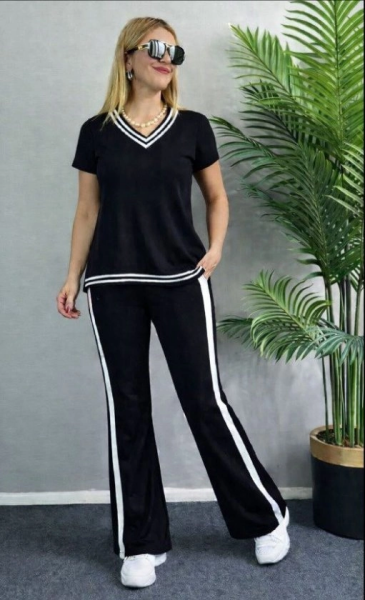 Kadın Kısa Kollu V Yakalı Viskon Iki Iplik Bluz Ve Pantolon Ikili Takım