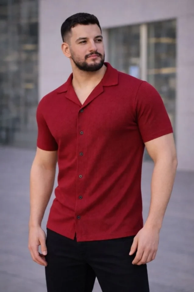 Erkek Waffle Dokuma Açık Yakalı Düğmeli Regular Kalıp 3’lü Gömlek Seti - Siyah, Kırmızı, Beyaz