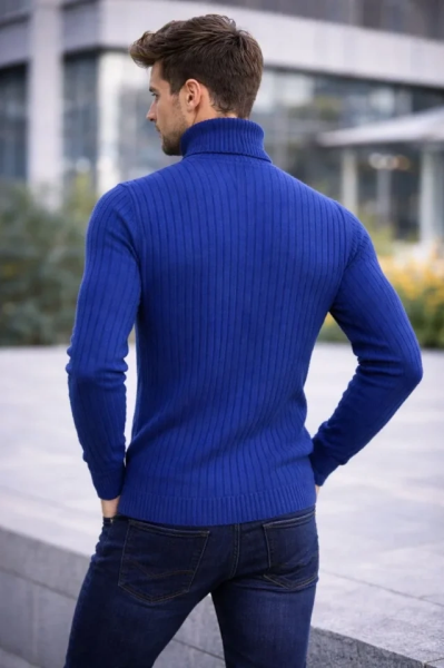 Erkek Balıkcı Yaka Bağazlı Triko Kazak Pamuklu Kalın Fitilli Dokuma, Regular Fit Uzun Kollu Kışlık Model - İndigo