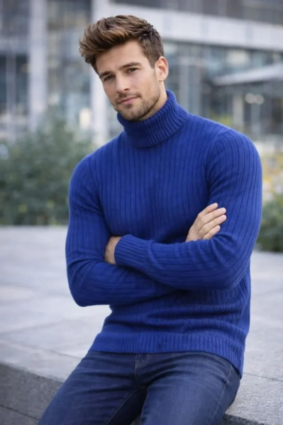 Erkek Balıkcı Yaka Bağazlı Triko Kazak Pamuklu Kalın Fitilli Dokuma, Regular Fit Uzun Kollu Kışlık Model - İndigo