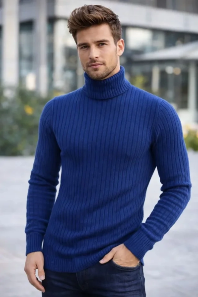 Erkek Balıkcı Yaka Bağazlı Triko Kazak Pamuklu Kalın Fitilli Dokuma, Regular Fit Uzun Kollu Kışlık Model - İndigo
