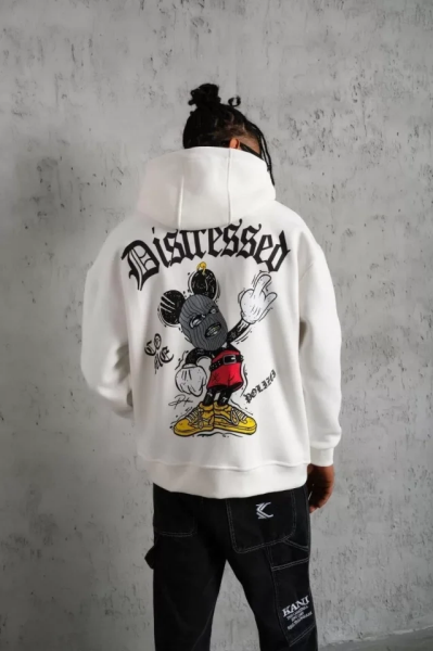 Erkek Üç İplik Baskılı Kapüşonlu  Sweat - Beyaz