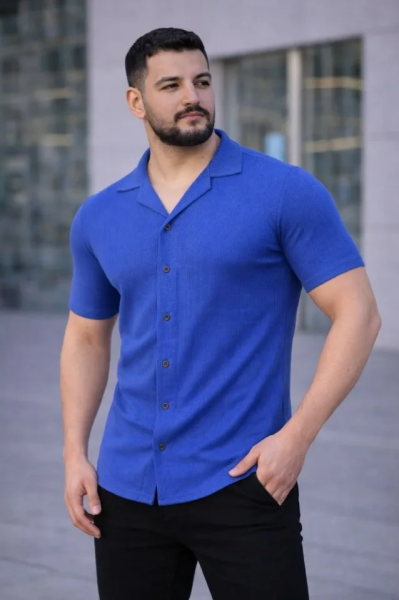 Erkek Waffle Dokuma Açık Yakalı Düğmeli Regular Kalıp 3’lü Gömlek Seti - Gri, Saks Mavisi, Beyaz