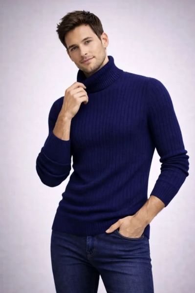 Erkek Balıkcı Yaka Bağazlı Triko Kazak Pamuklu Kalın Fitilli Dokuma, Regular Fit Uzun Kollu Kışlık Model - Lacivert