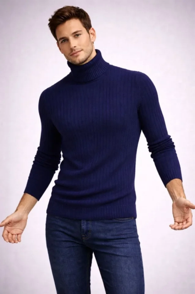 Erkek Balıkcı Yaka Bağazlı Triko Kazak Pamuklu Kalın Fitilli Dokuma, Regular Fit Uzun Kollu Kışlık Model - Lacivert