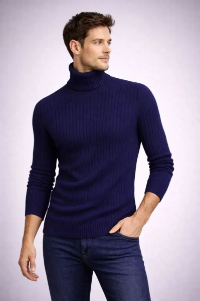 Erkek Balıkcı Yaka Bağazlı Triko Kazak Pamuklu Kalın Fitilli Dokuma, Regular Fit Uzun Kollu Kışlık Model - Lacivert