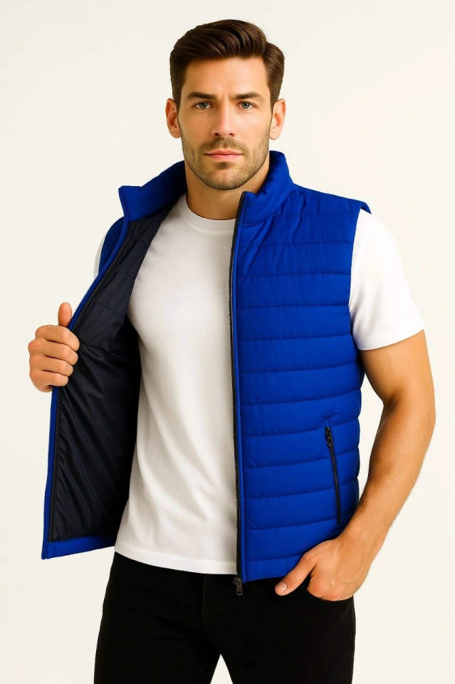 Erkek Şişme Fermuarlı Yelek Su Itici Kapitone Astarlı Kumaş Cepli Hafif Kışlık Spor Rahat Kalıp - Saks Mavisi