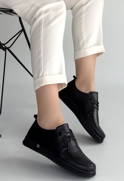 Mopin Siyah Deri Bağcıklı Spor Ayakkabı