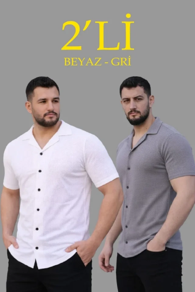 Erkek Waffle Dokuma Açık Yakalı Düğmeli Regular Kalıp 2’li Gömlek Seti - Beyaz - Gri