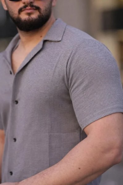 Erkek Waffle Dokuma Açık Yakalı Düğmeli Regular Kalıp 2’li Gömlek Seti - Beyaz - Gri