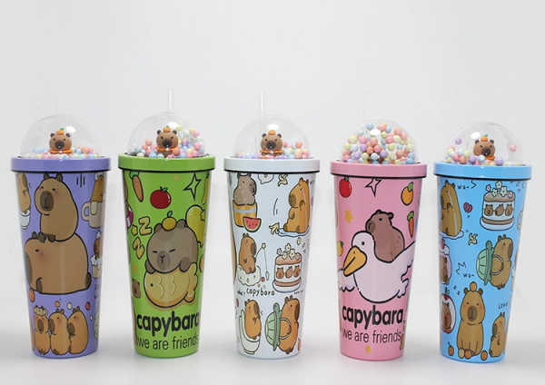 Sevimli Kapibara Pipetli Boncuklu Termos & Suluk