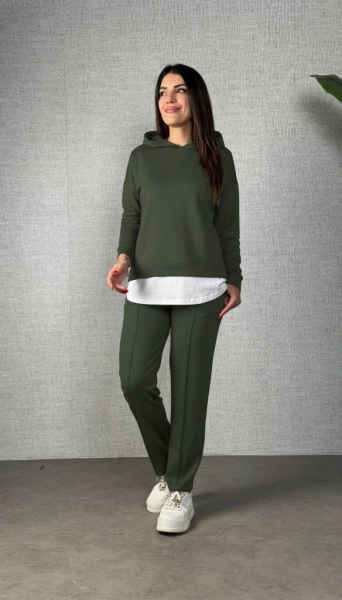 Kadın Uzun Kollu Kapşonlu Bağcıklı Viskon Iki Iplik Bluz Ve Pantolon Ikili Takım