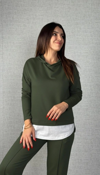 Kadın Uzun Kollu Kapşonlu Bağcıklı Viskon Iki Iplik Bluz Ve Pantolon Ikili Takım