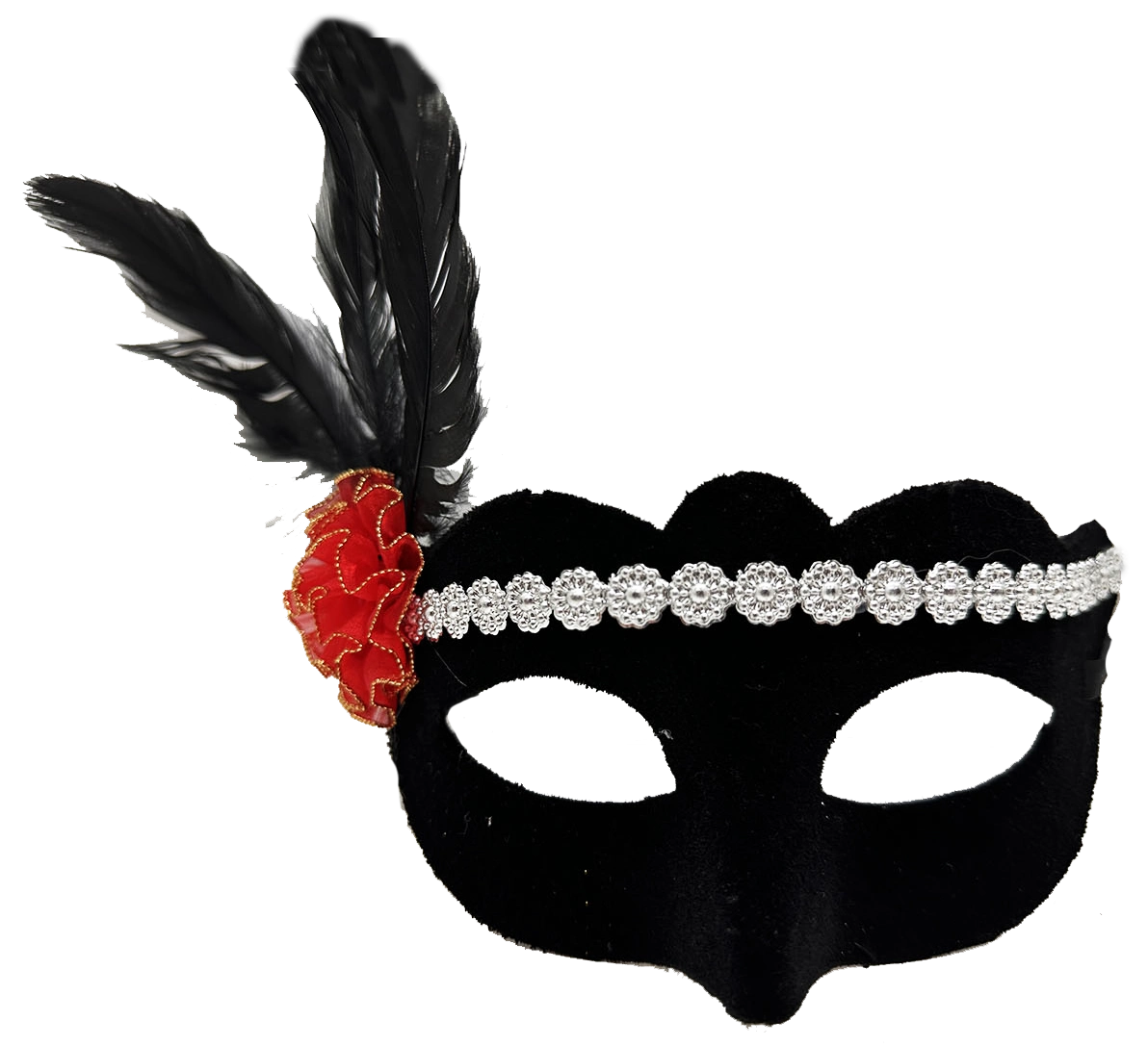 Gümüş Dantelli Kırmızı Gül Tasarımlı Parti Maskesi