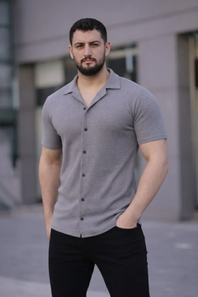 Erkek Waffle Dokuma Açık Yakalı Düğmeli Regular Kalıp 2’li Gömlek Seti - Lacivert - Gri