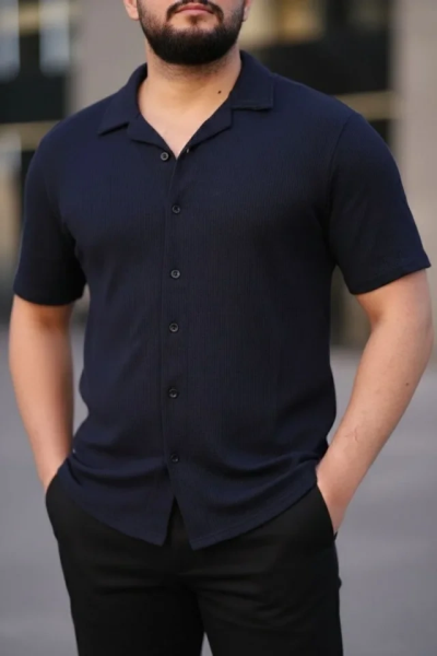 Erkek Waffle Dokuma Açık Yakalı Düğmeli Regular Kalıp 2’li Gömlek Seti - Lacivert - Gri