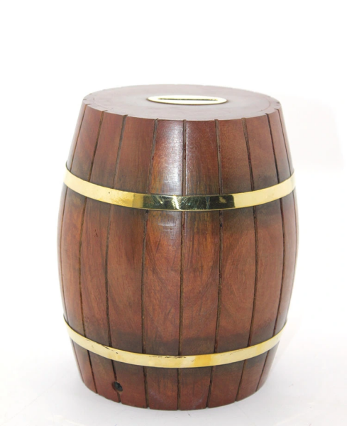 Pirinç Ahşap Fıçı Kumbara 18 Cm