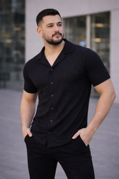 Erkek Waffle Dokuma Açık Yakalı Düğmeli Regular Kalıp 2’li Gömlek Seti - Siyah - Saks Mavisi